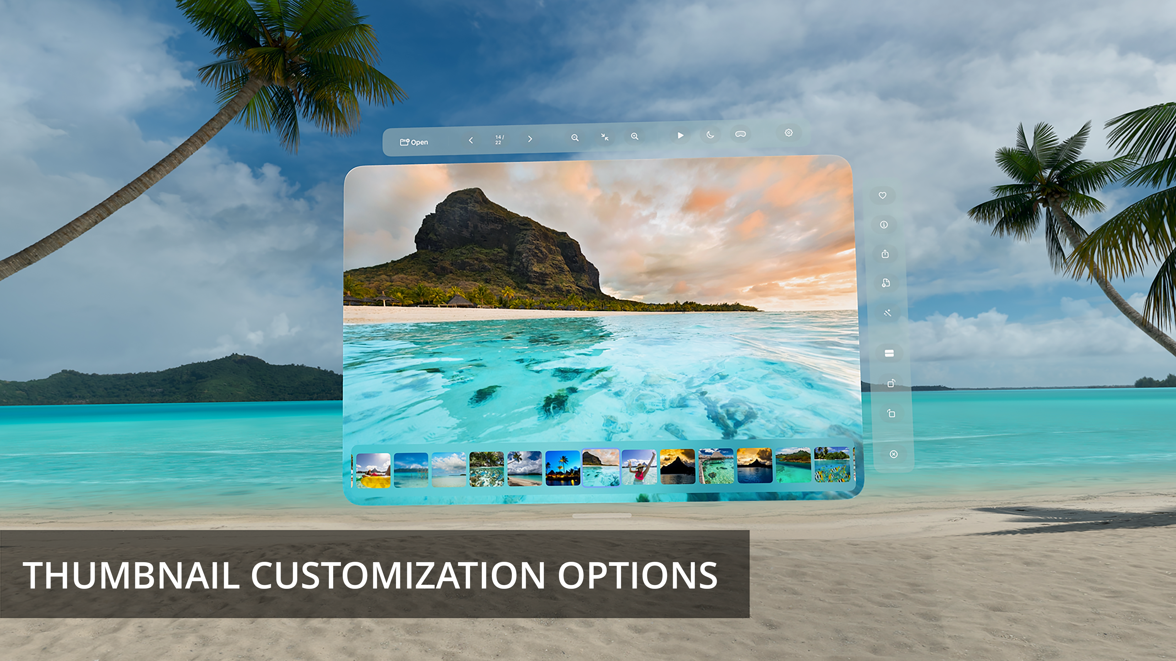 Paralux immersive background mode — a beach and mountain panorama fills the entire Apple Vision Pro field of view